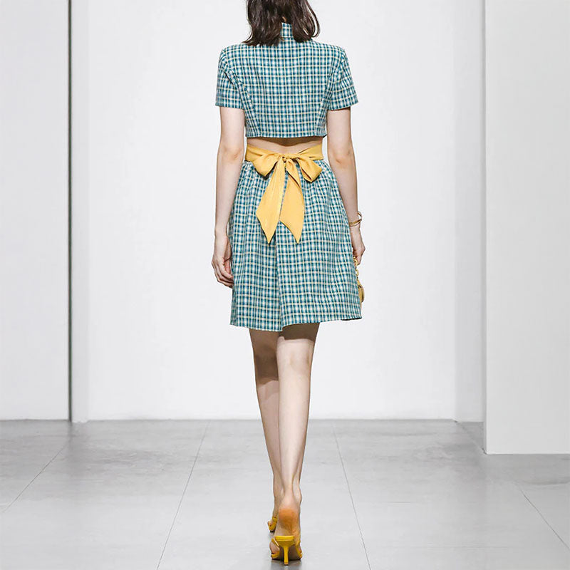 Pankh Fresia Plaid Check Blazer Back Waist Hollow Bow Dress