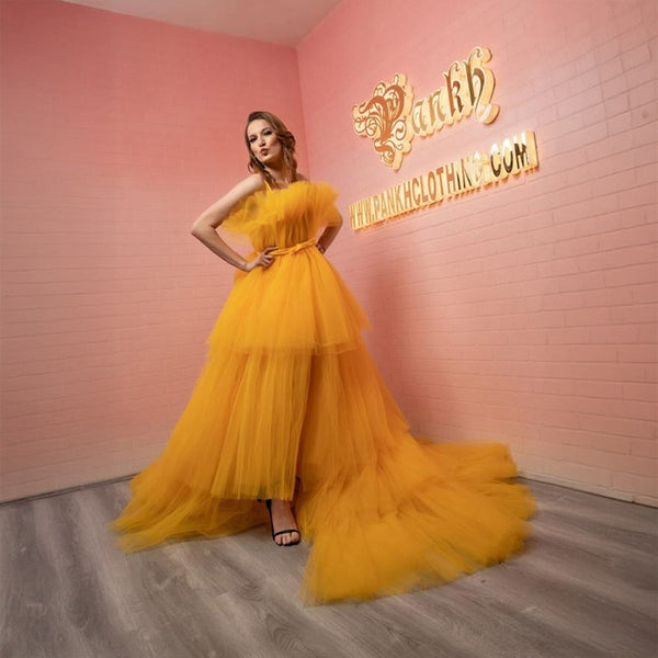 Pankh Aarvi Gorgeous Daffodil Trailed Yellow Tule Ball  Gown