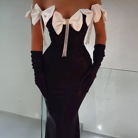 Pankh Hande Off-Shoulder Bow Diamond Tassel Embellished Party Wear Long Maxi Dress
