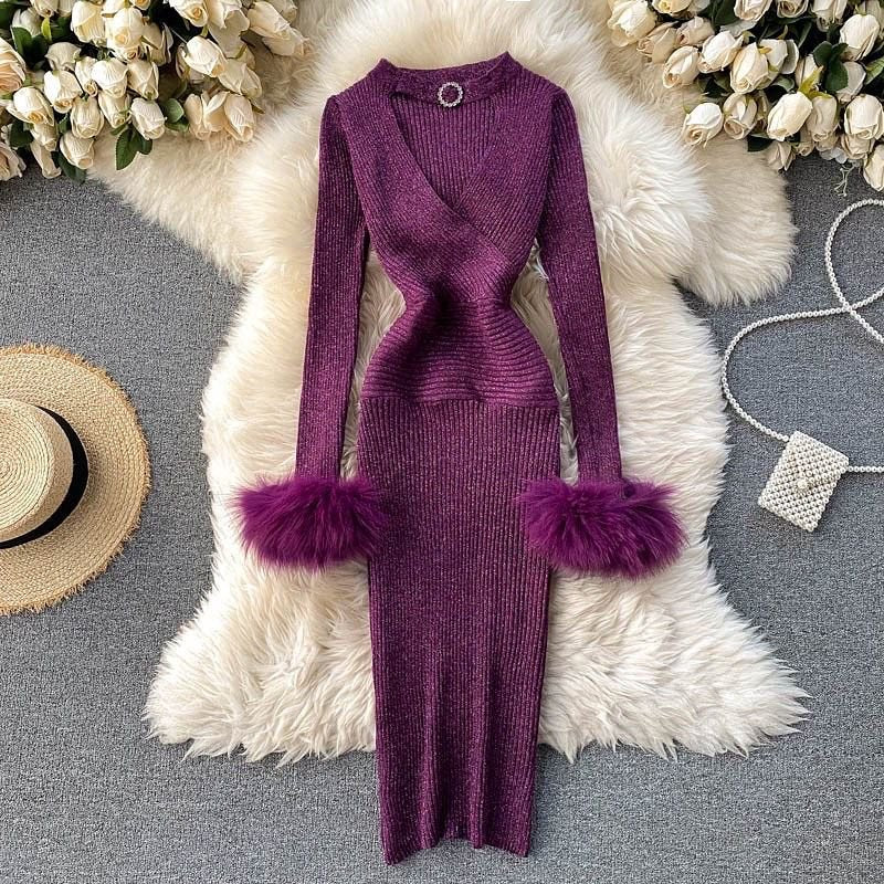 Pankh Delly Fur Bodycon Knit Dress