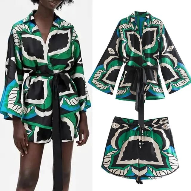 Zeona Astract Print Wrap Up Top And Short Coord Set