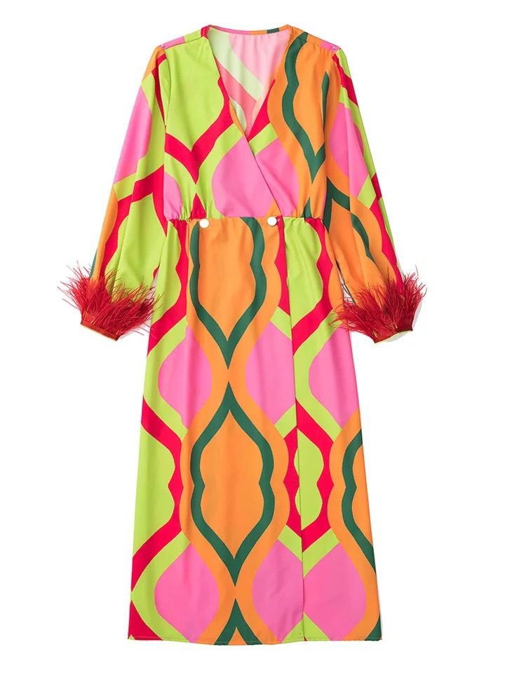 Sarah Printed Dress with detachable fur sleeves