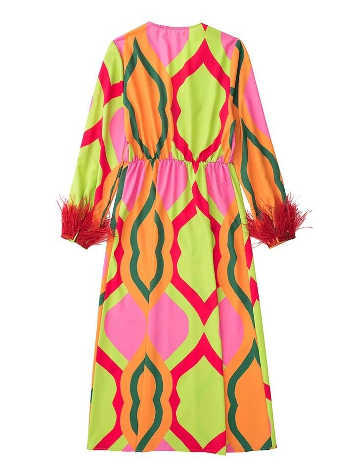 Sarah Printed Dress with detachable fur sleeves