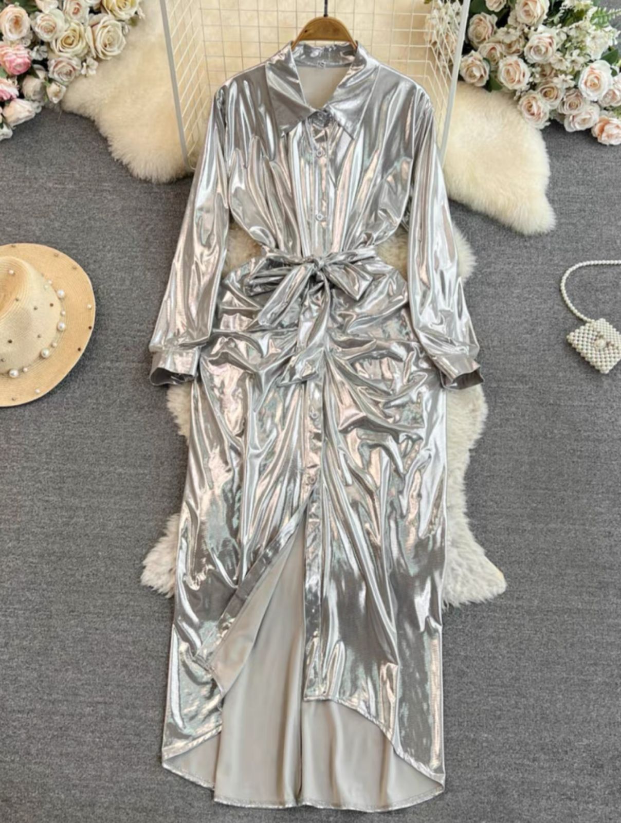 Pankh Elliana Shimmer Party Wear Metallic Shirt Dress Silver / M Pankh Elliana Shimmer Party Wear Metallic Shirt Dress Silver / M