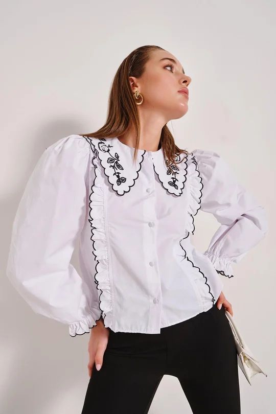 Nessa Round Collar Ruffle Embroidered Shirt