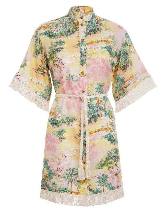 Pankh Aiza Fringed Printed Linen Shirt Dress