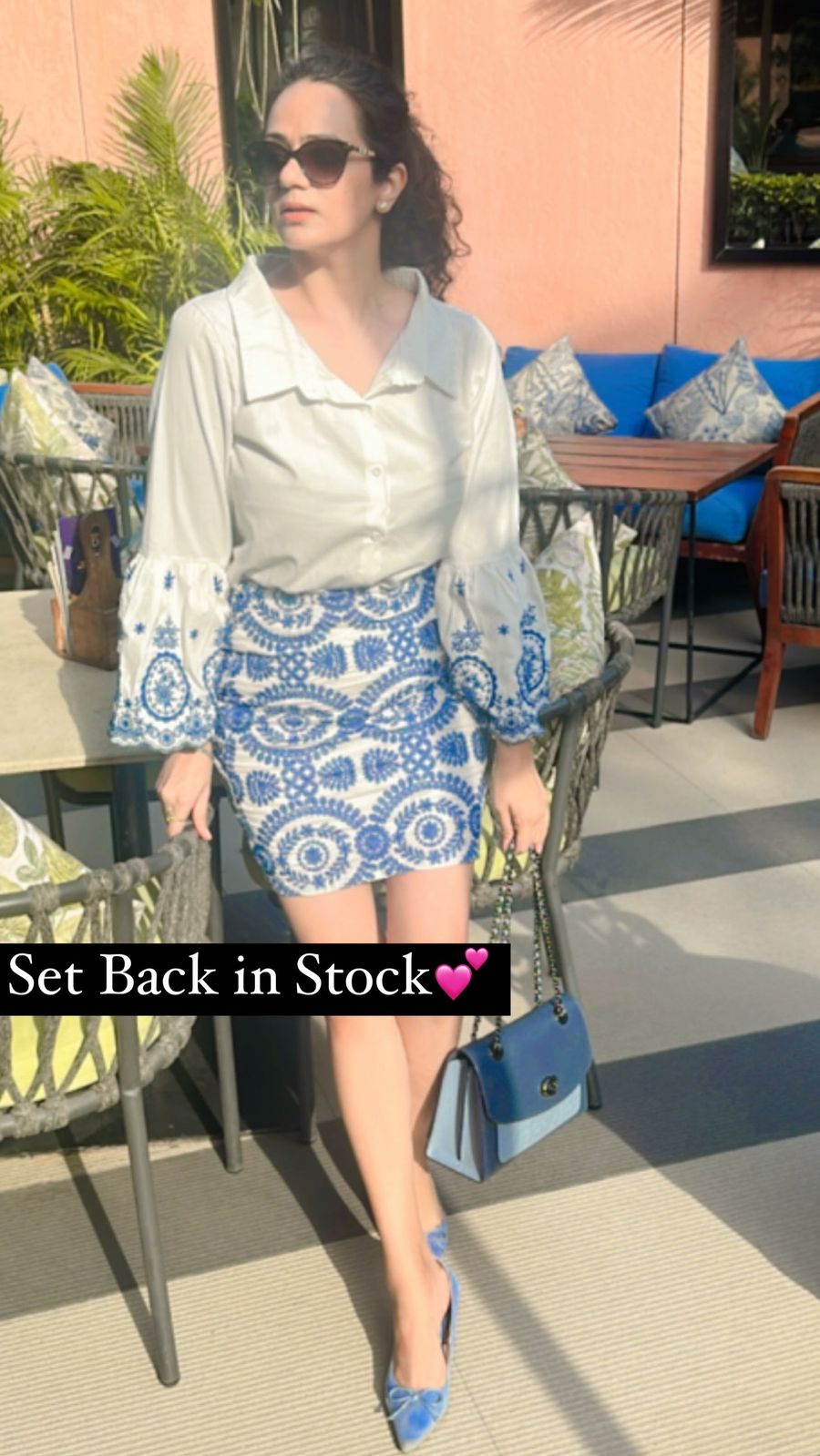Pankh Monte Embroidered Cotton Off Shoulder Bell Sleeve Shirt And Skirt