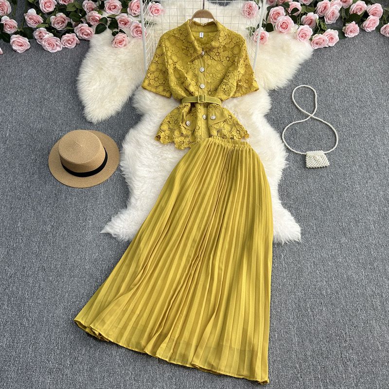 Pankh Kylie Lace Chiffon Blazer And Pleated Skirt Set With Belt
