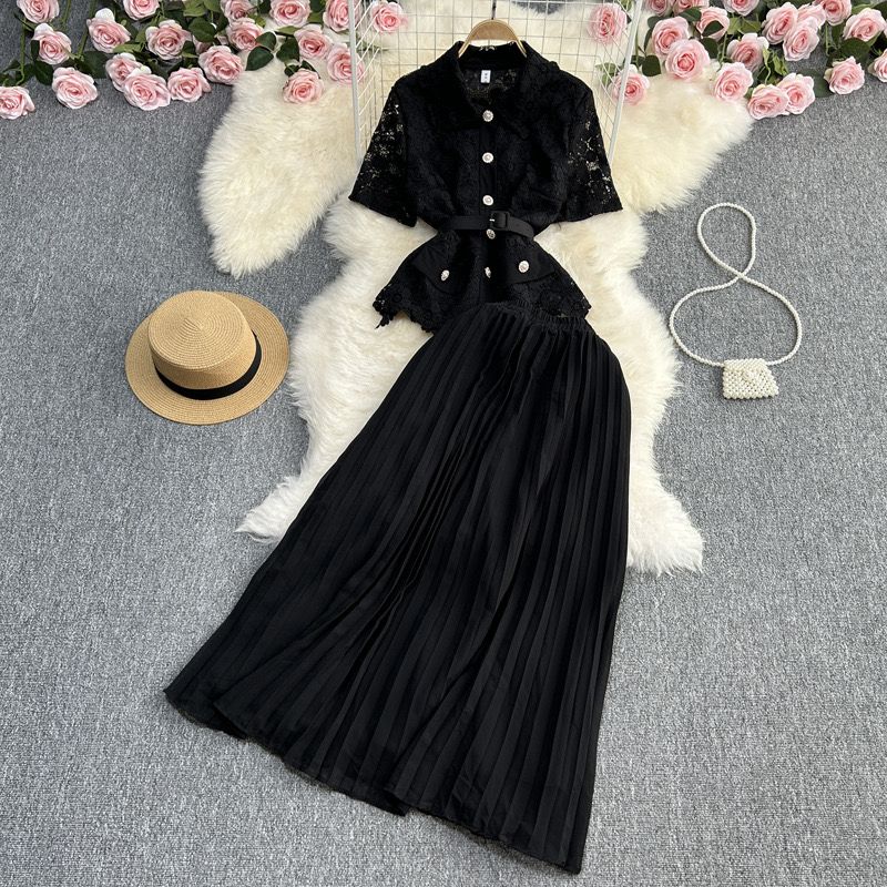 Pankh Kylie Lace Chiffon Blazer And Pleated Skirt Set With Belt