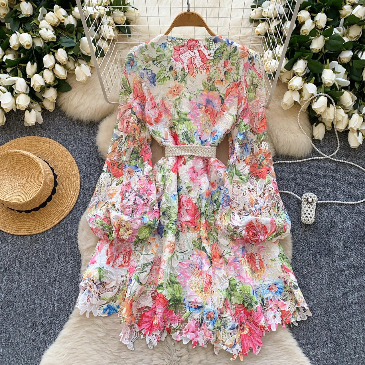 Pankh Skylar Elegant Colorfull Floral Crochet Lace Mini Long Sleeve Dress