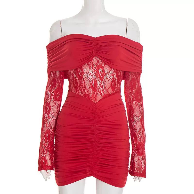 Pankh Seyren Off Shoulder Long Sleeve Bodycon Pleated Short Dress