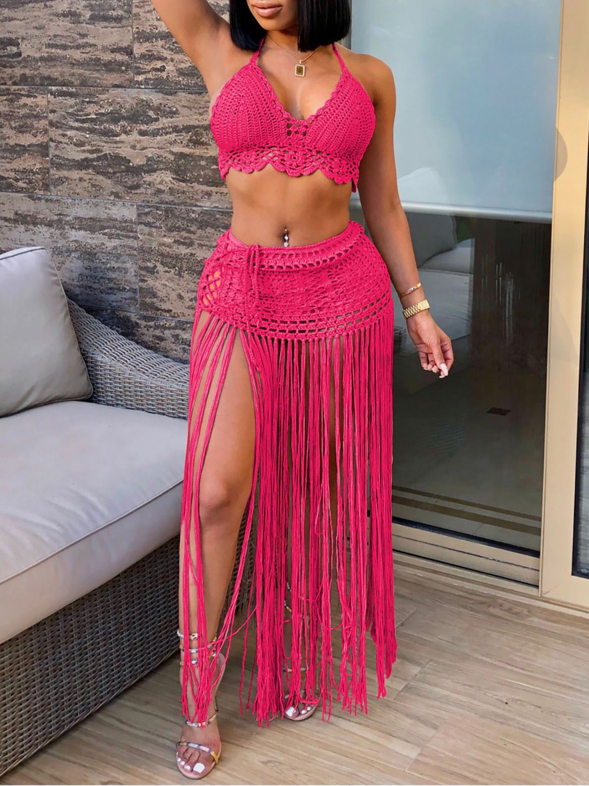 Pankh Cem Crochet Top And Tassel Skirt Beachwear Coord Set