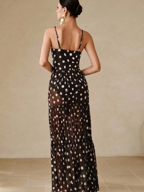 Pankh Meryem Tight Black & White  Polka-Dot Swimsuit With Skirt Dress
