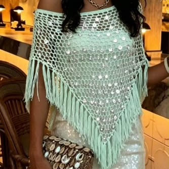 Pankh Haim Sequins Poncho Crochet Tassel Top
