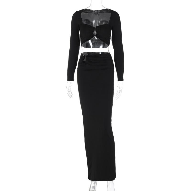 Pankh Donnavan Black Full Sleeve Crop Top And Long Skirt Matching Sets