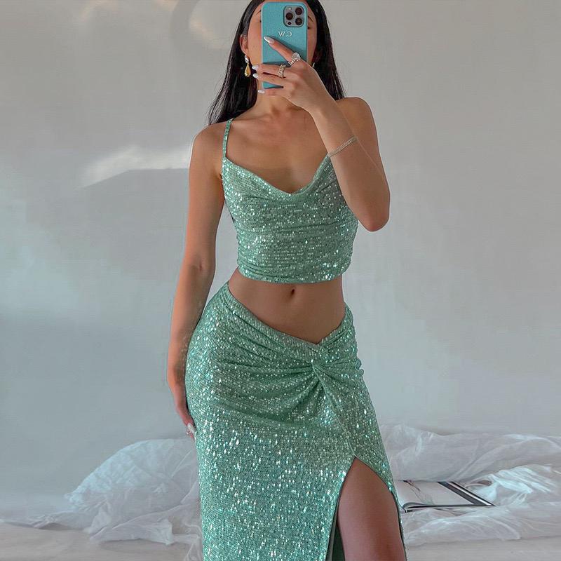 Pankh Alme Sequins Sleeveless Backless Crop Top Side Slit Bodycon Skirt 2 Piece Set