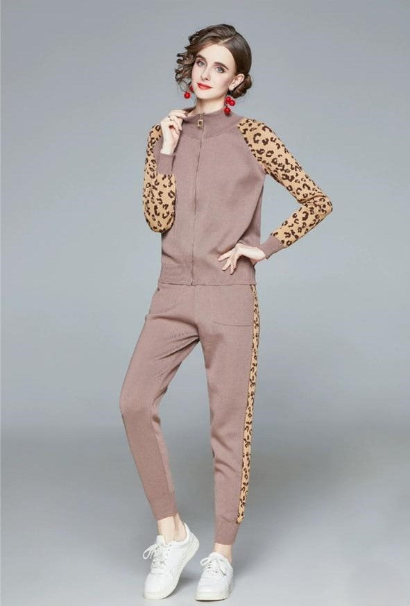 Pankh Mosiq Two Piece Tracksuit Long Sleeve Coat And Trousers Fashion Leopard