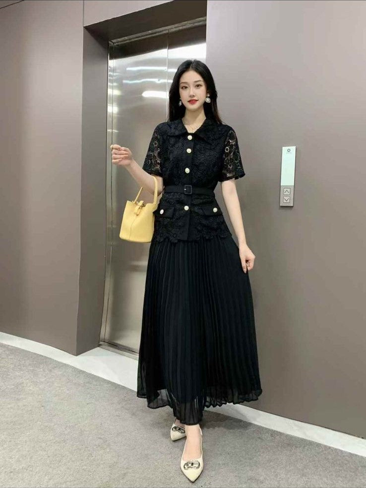 Pankh Kylie Lace Chiffon Blazer And Pleated Skirt Set With Belt