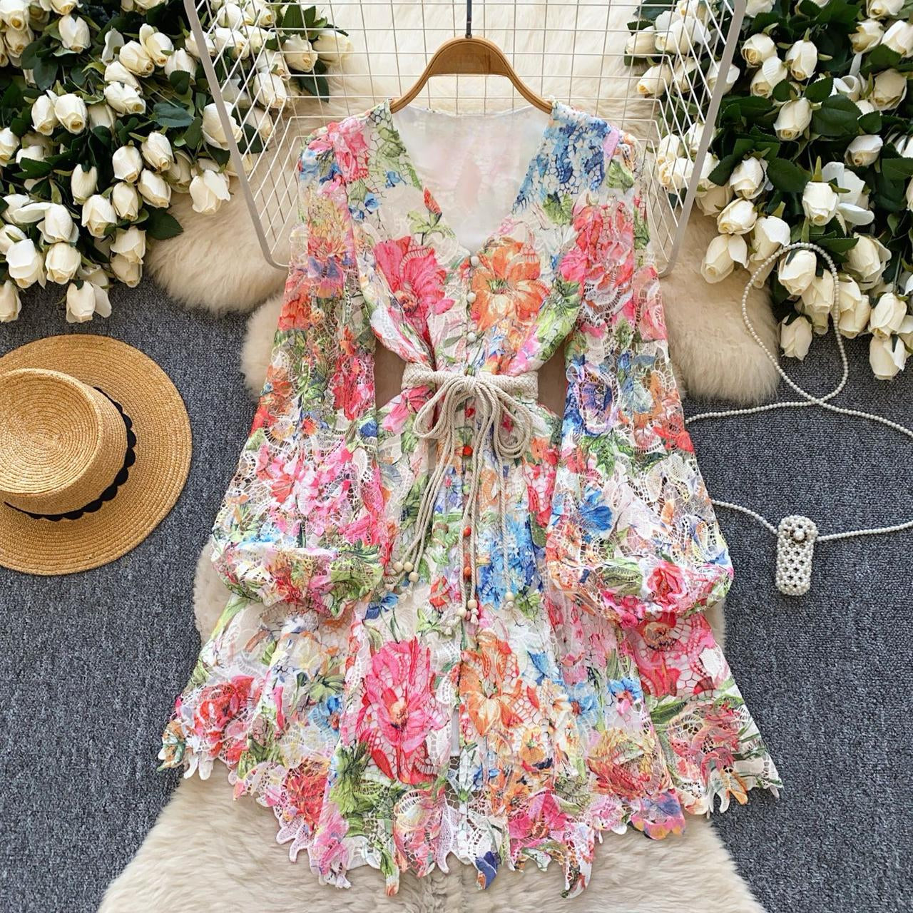 Pankh Skylar Elegant Colorfull Floral Crochet Lace Mini Long Sleeve Dress