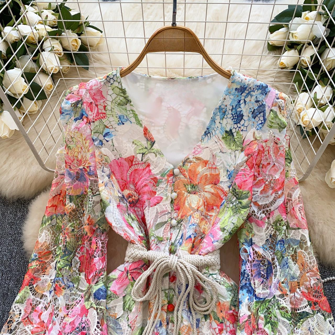 Pankh Skylar Elegant Colorfull Floral Crochet Lace Mini Long Sleeve Dress