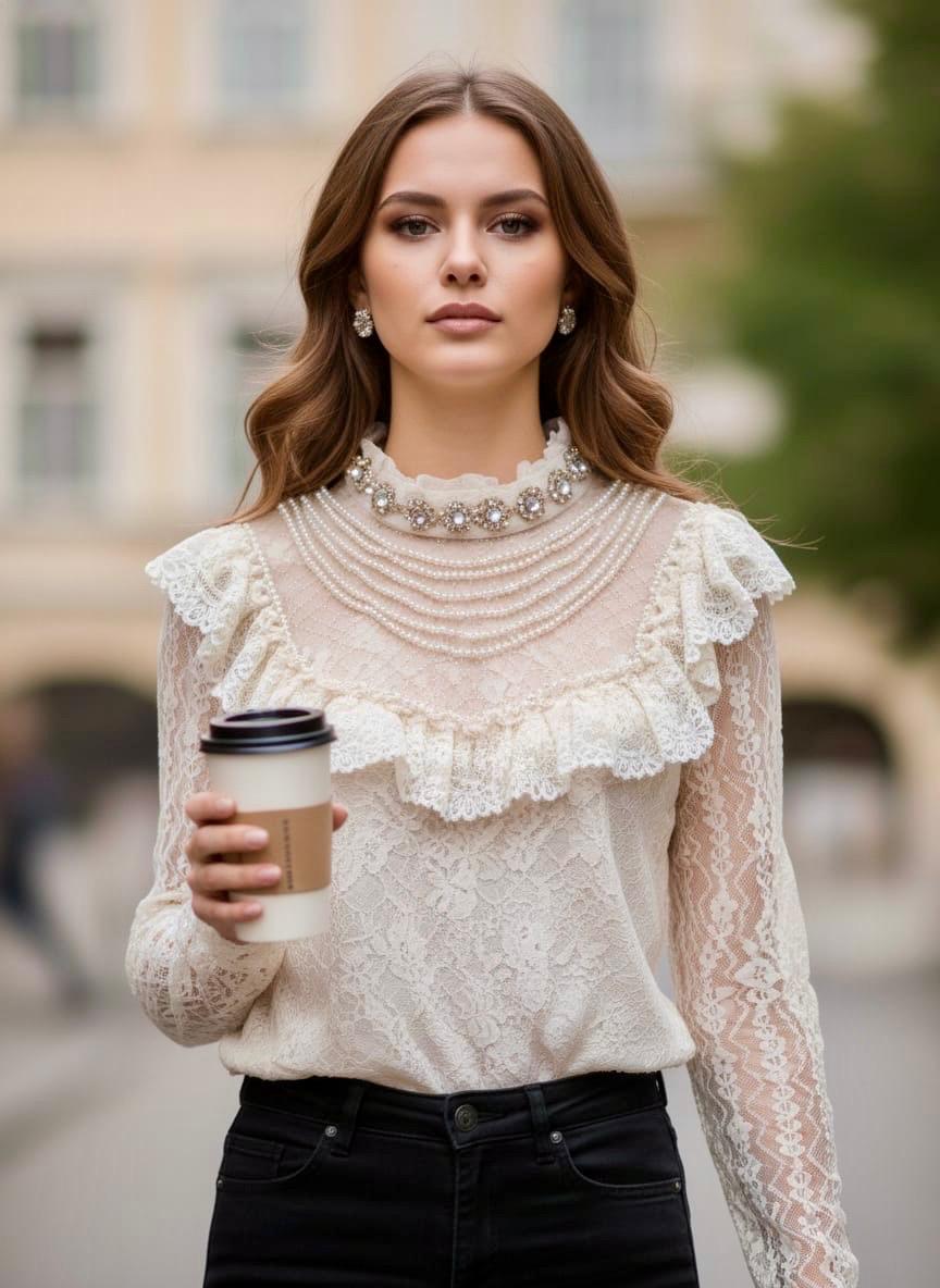 Pankh  Amey Pearl Embellished Neck Flower Lace Top