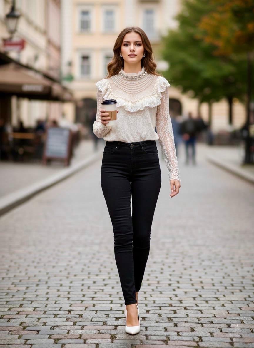 Pankh  Amey Pearl Embellished Neck Flower Lace Top