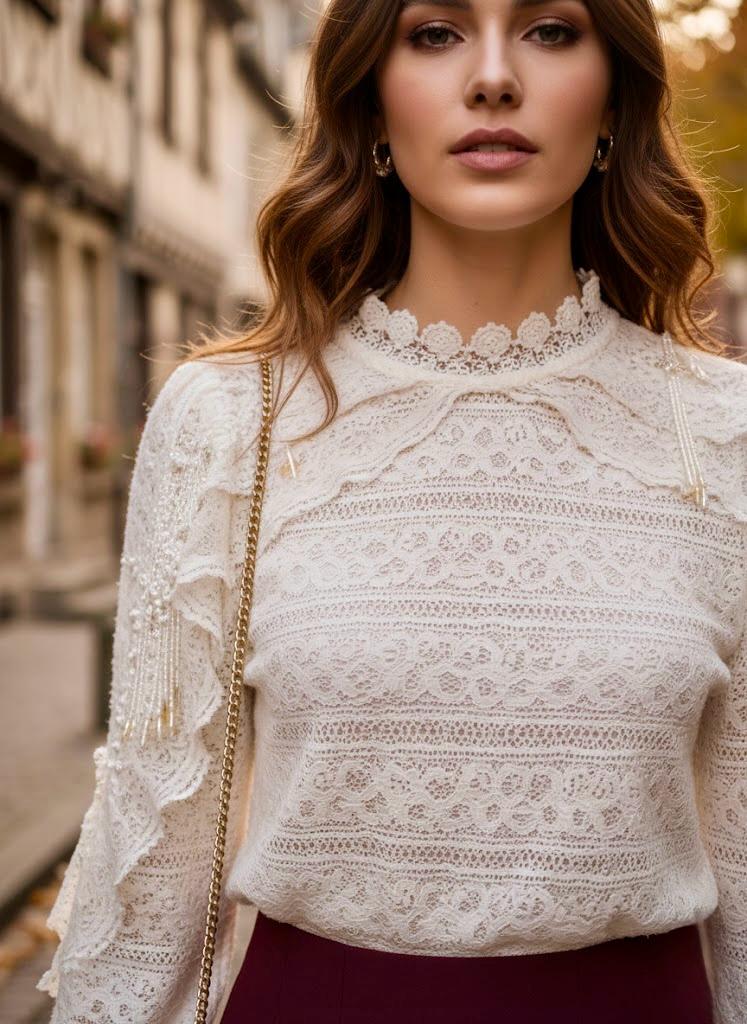 Pankh Leyla Stand-Up Pearl Collar Lace Shirt Top