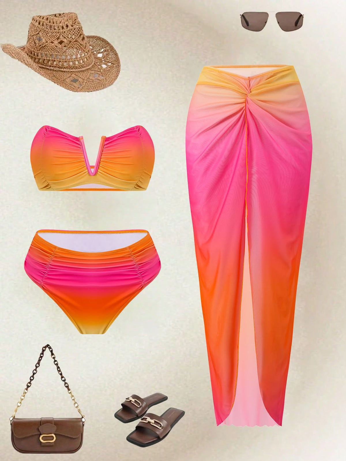 Pankh Raisa Ombre Halter Neck Bikini With Sarong Swimwear Set