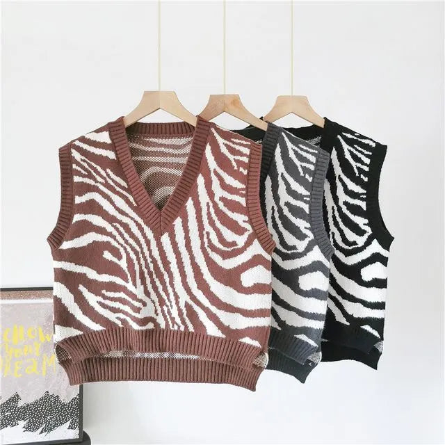 Neolex Zebra Print Knitted Sleeveless Sweater Top