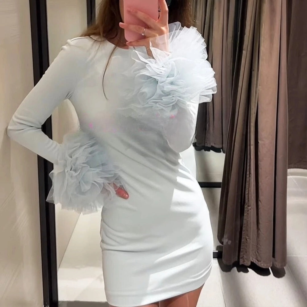 Pankh Evelina Pale Blue Ruffle Sleeve Trimmed Short Dress