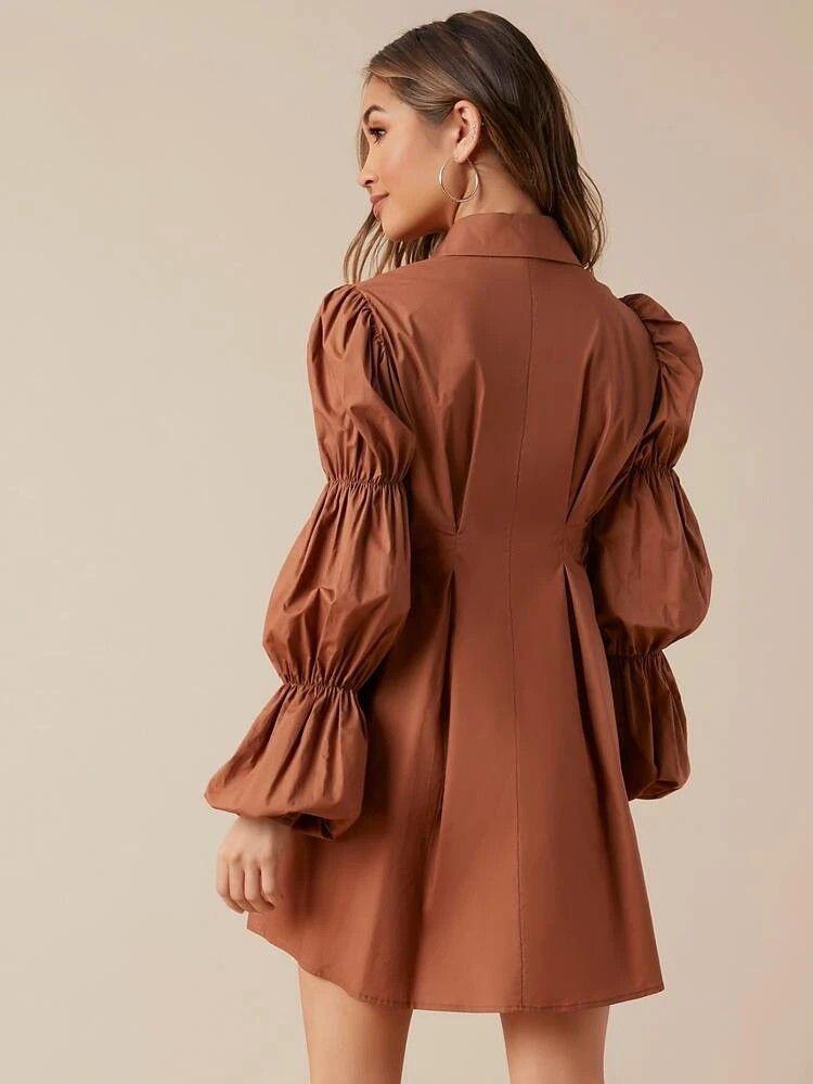 Pankh Adalira Elegant Button-Down Fold Pleated Puff Sleeves Summer Cotton Dress