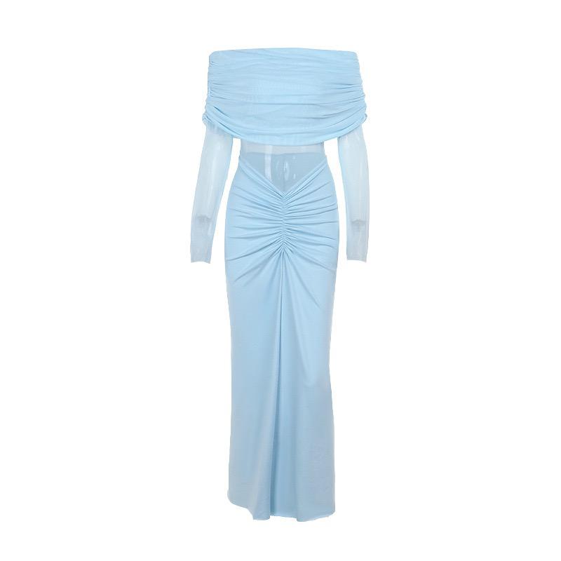 Pankh Alya Off Shoulder Sheer Glitter Front Shirring Long Maxi Dress