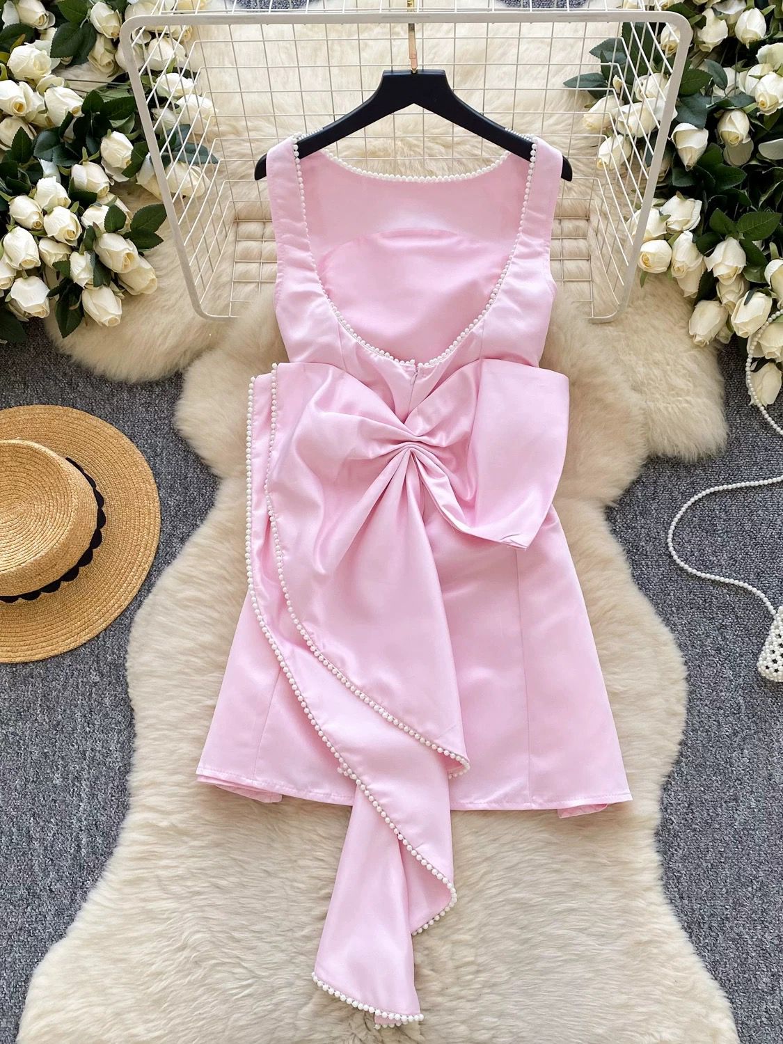 Pankh Jocelyn Beaded Pearl Backless Bow Flaire Mini Dress