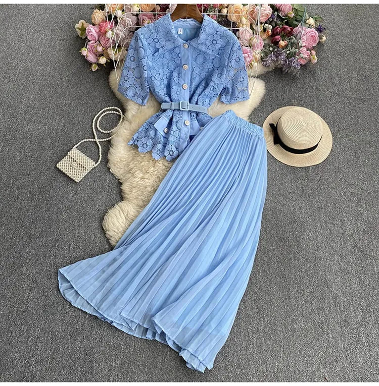 Pankh Kylie Lace Chiffon Blazer And Pleated Skirt Set With Belt