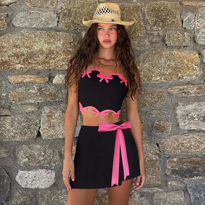 Pankh  Berry Black Bodycon Pink 3D Bow Bodysuit And Skirt Set