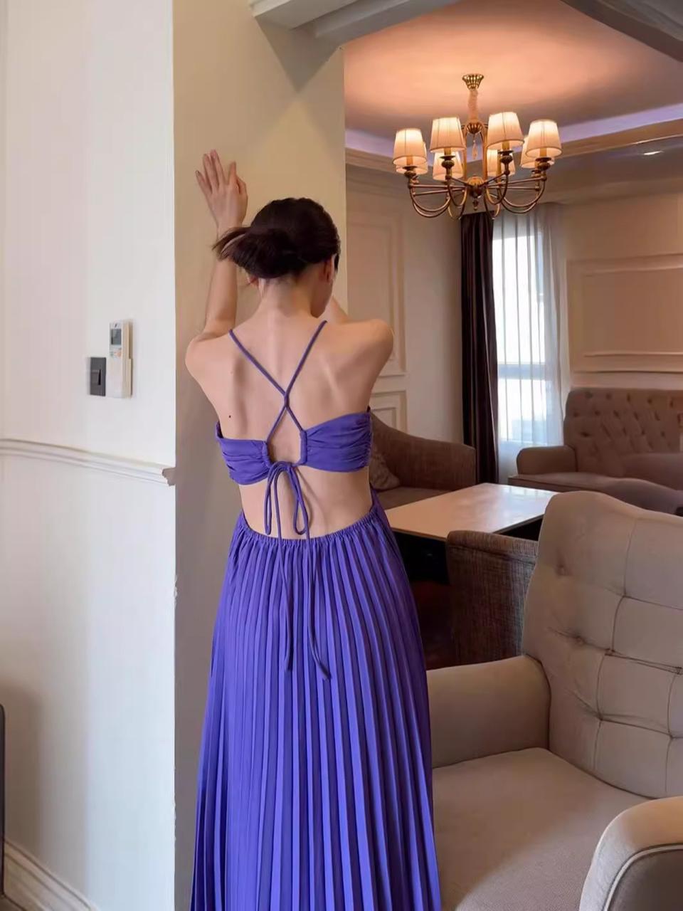 Pankh Analeia Women Open Back Lace Up Pleated Maxi Long Dress