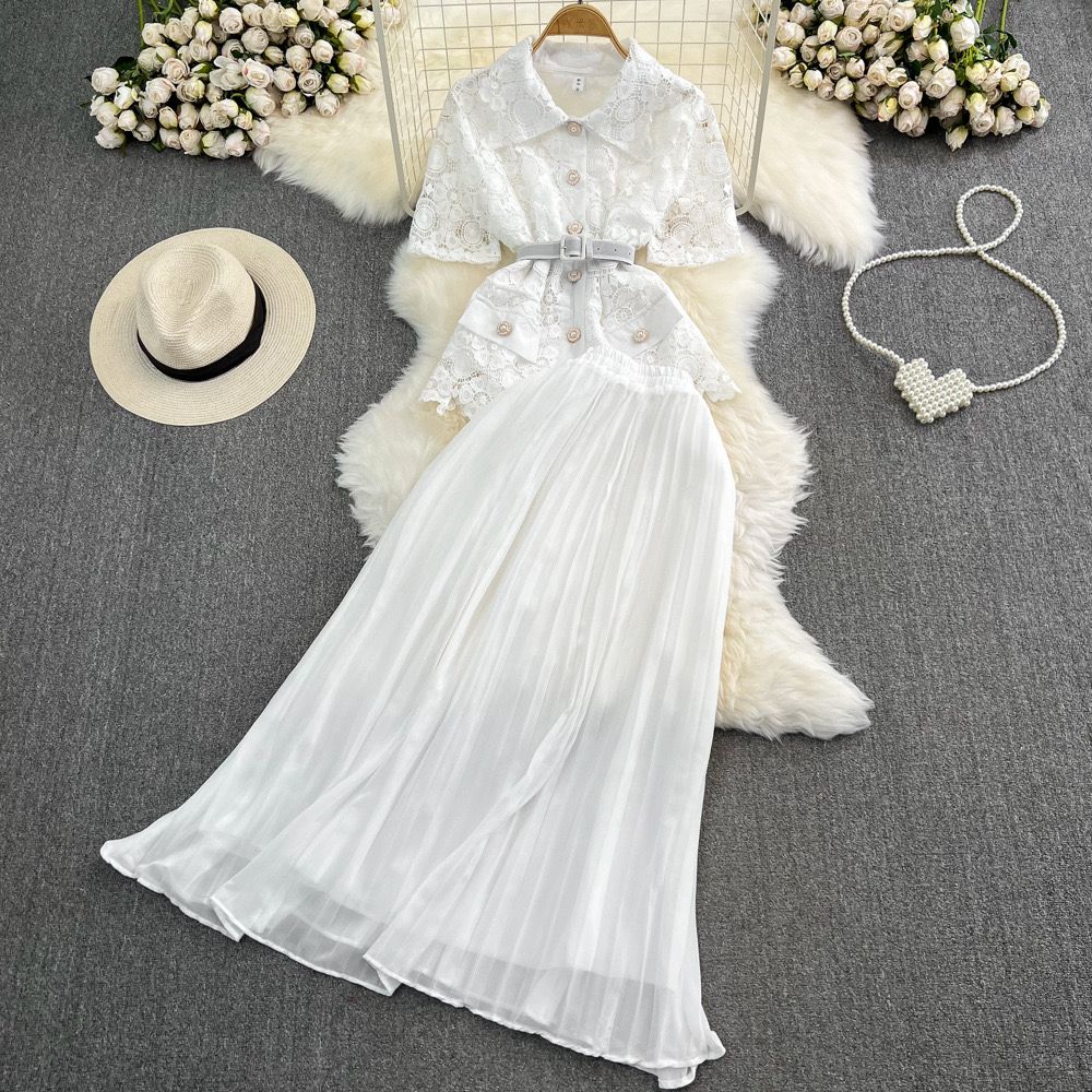 Pankh Kylie Crochet Lace Chiffon Blazer And Pleated Skirt Set With Belt