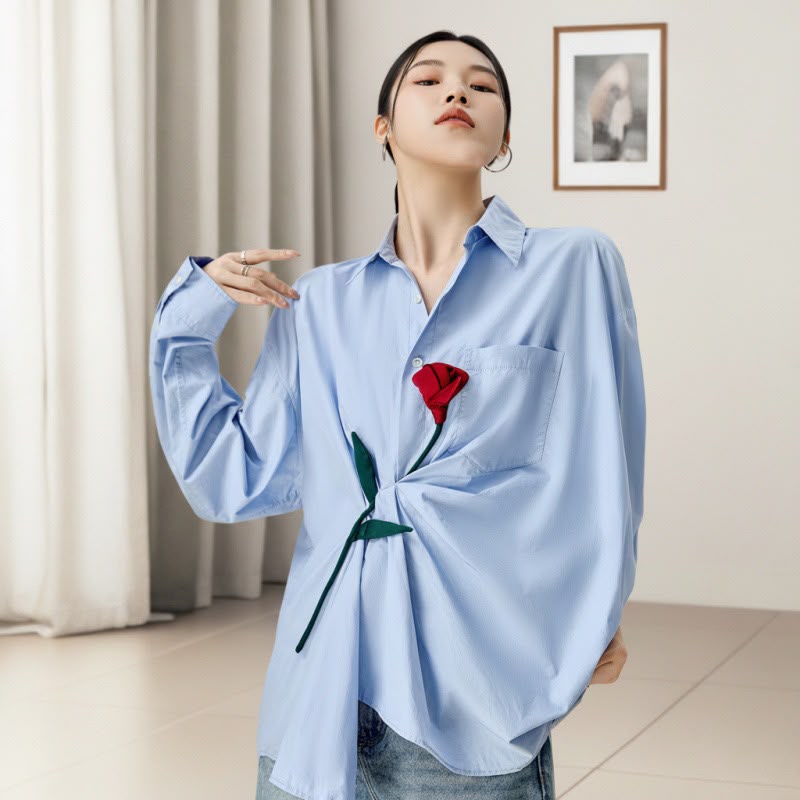 Pankh Berke Cotton Poplin Hand-Shaped Rose Twisted Knot Drape Oversized Shirt
