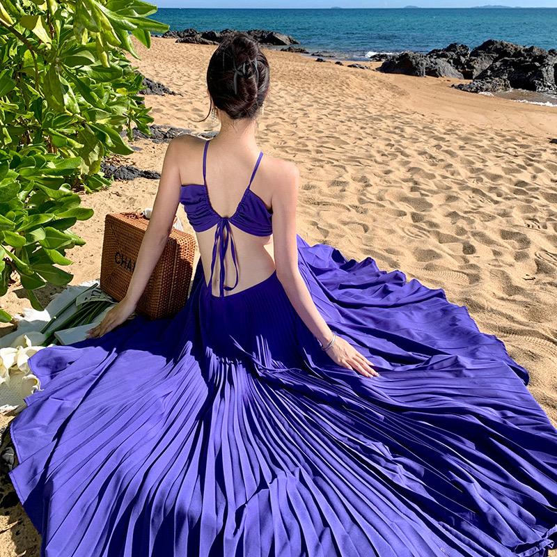 Pankh Analeia Women Open Back Lace Up Pleated Maxi Long Dress