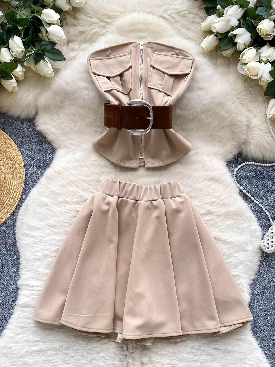 Pankh Briley  Off Shoulder Tube Top And Short Set With Belt