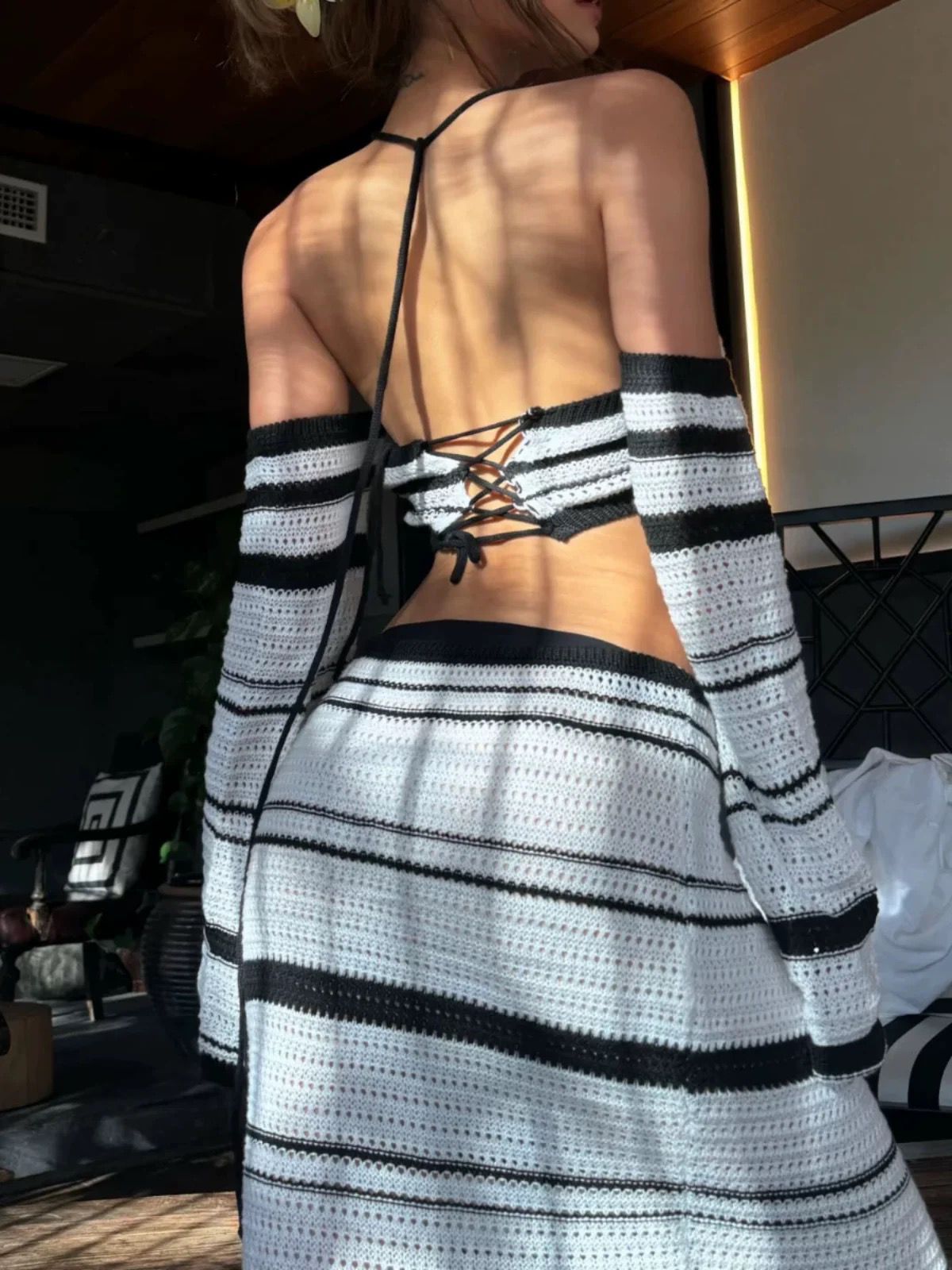 Pankh Ezra Mid Rise Contrast Off Shoulder Crochet Top And Skirt Set