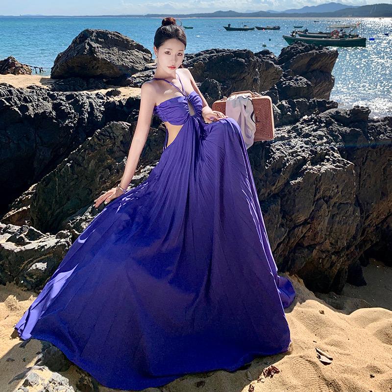Pankh Analeia Women Open Back Lace Up Pleated Maxi Long Dress