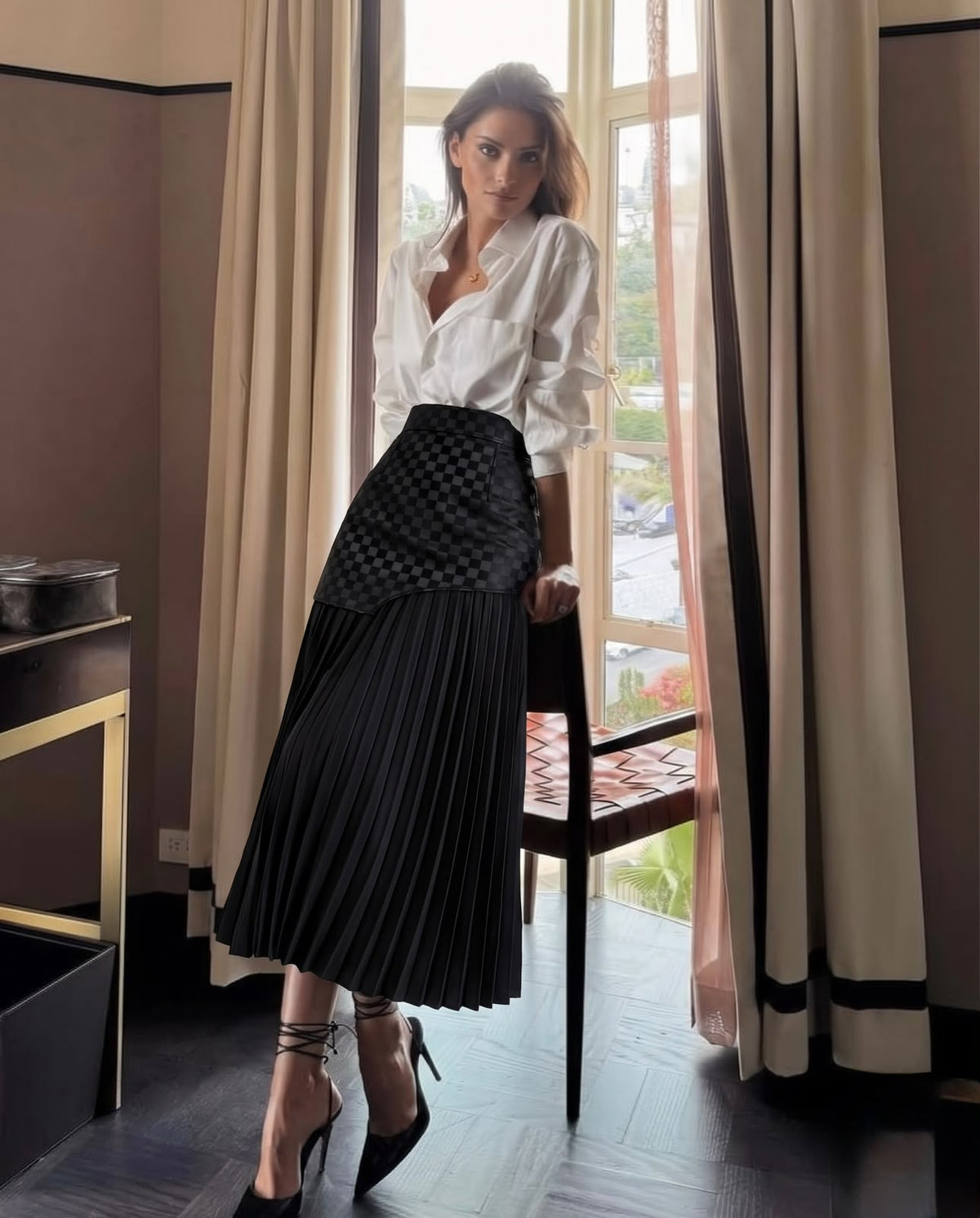 Pankh Ulyana Asymmetric Patchwork Leather Pleated Skirt
