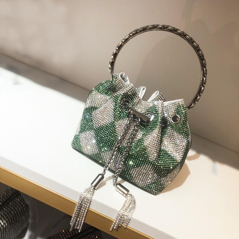 Pankh Green Silver Chequered Luxury Bon Bon Crystal Diamond Handle Tassel Chain Rhinstone Bag