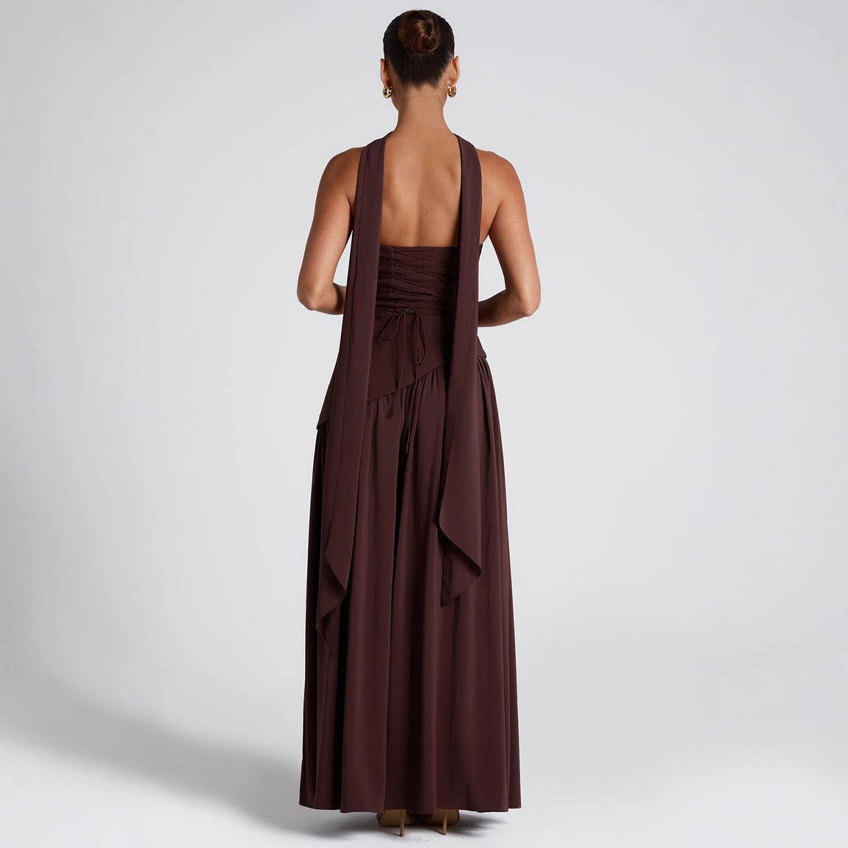 Pankh Stella Gorgeous Strapless Long Ruched Slit Formal Party Wear Dress With Scarf