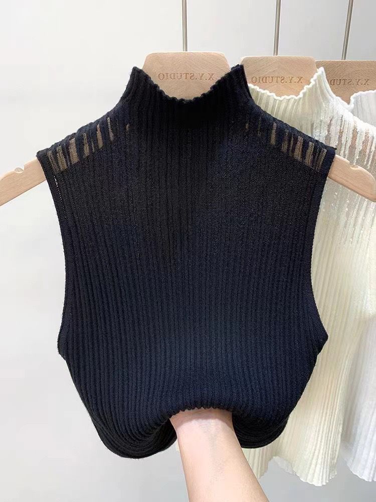 Pankh Meir Chic Mock Neck Mesh See Through Sleeveless Knitted Tank Top