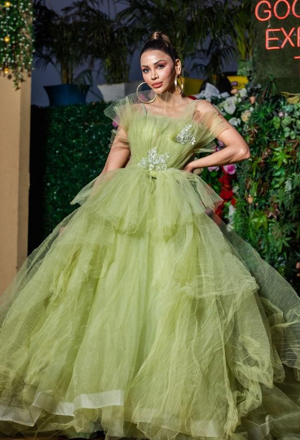 Pankh Green Puff Princess Prom Sweetheart Ruffles Partywear Ball Gown