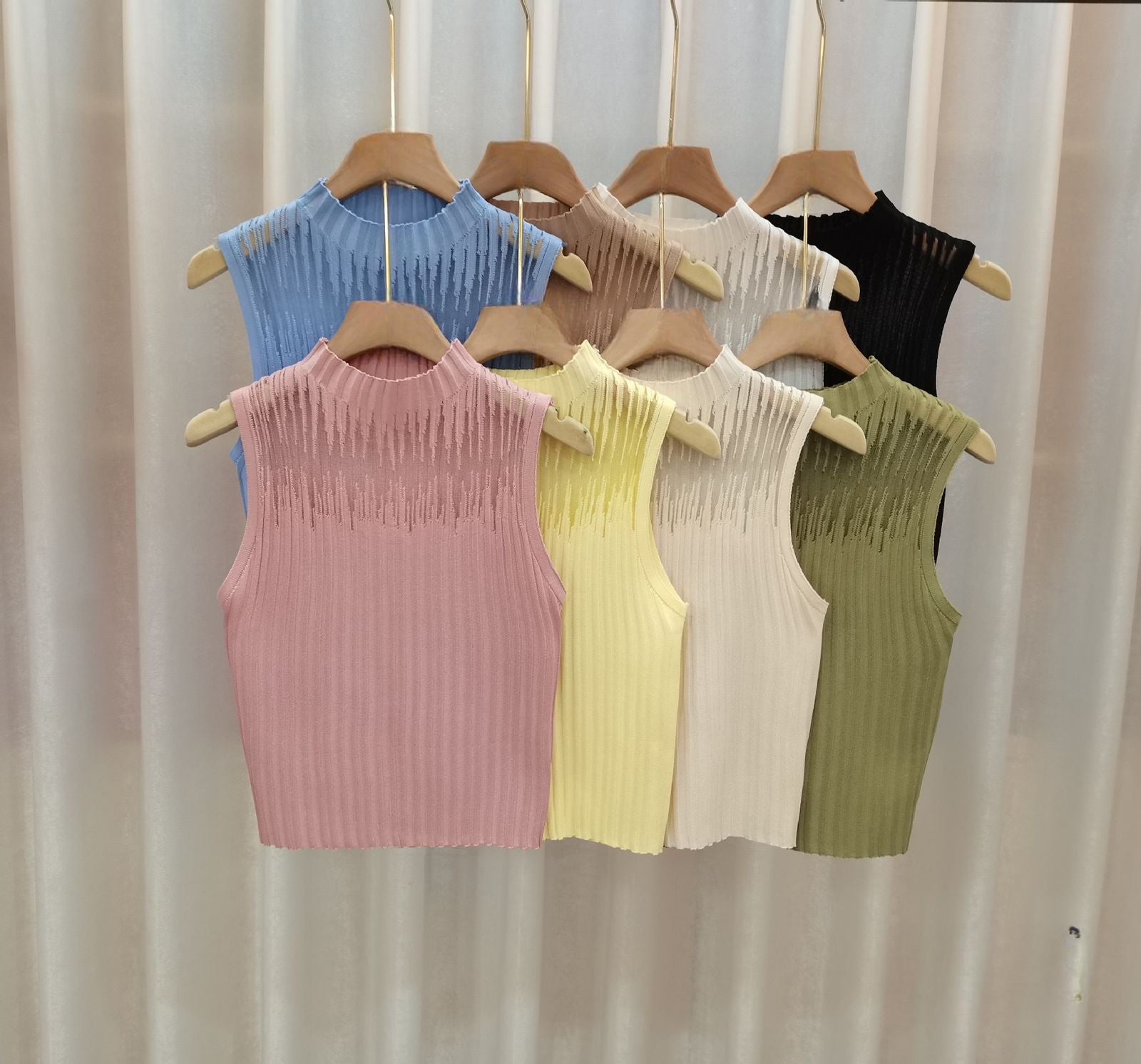Pankh Meir Chic Mock Neck Mesh See Through Sleeveless Knitted Tank Top