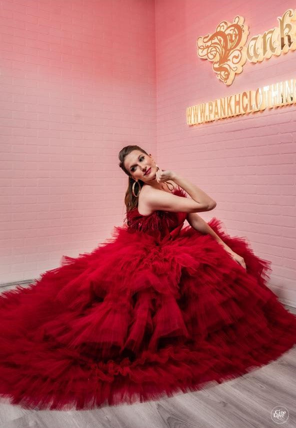 Pankh Maev Fur Off Shoulder Fairytale Frill Long Ball Gown