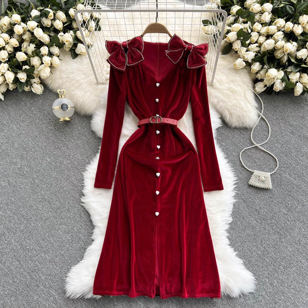 Pankh Erica Women Velvet Dress With Detachable Shoulder Bow